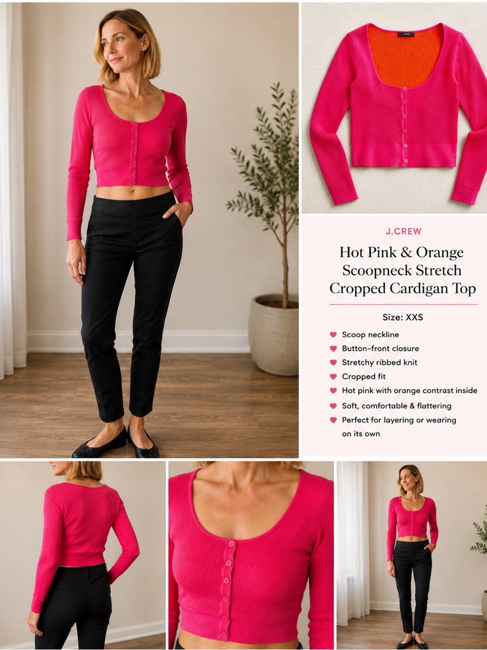 J.Crew Hot Pink & Orange Scoopneck Stretch Cropped Cardigan Top - Grab This Gem!